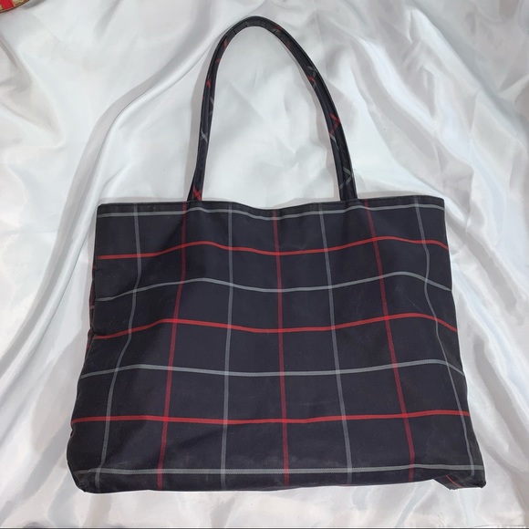 B)  BURBERRY blue treated canvas window pane PLAID tote - Picture 1 of 7